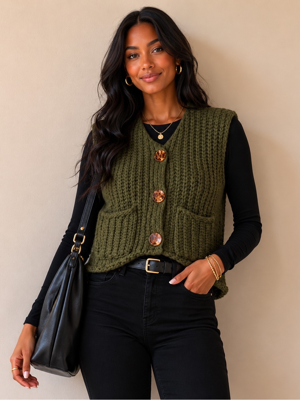 Chunky Knit Button Front Vest in Olive Green
